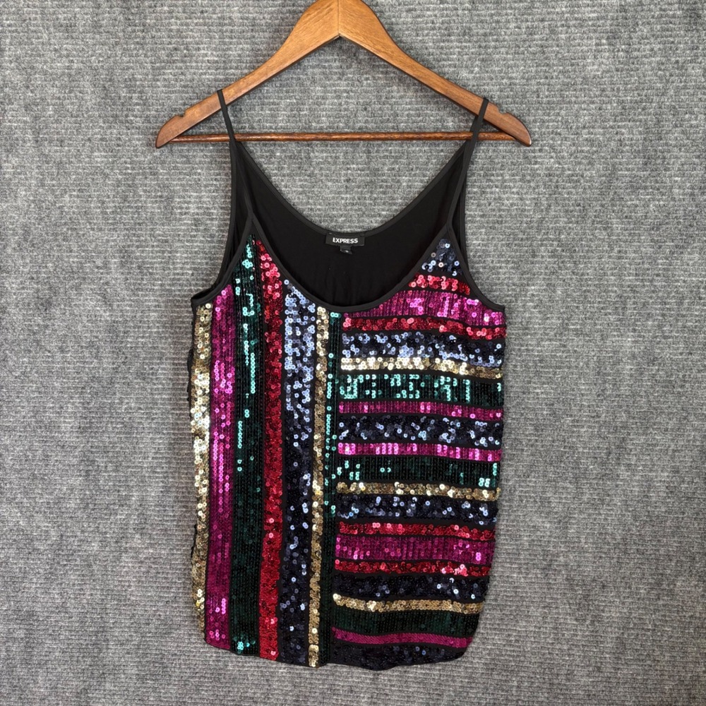 Express Womens Medium Sequin Cami Top Multi-Color Striped Party Tank Black Back
